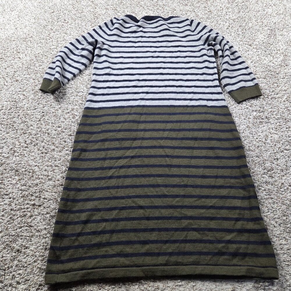 Talbots Sweater Dress Women's Medium Wool Blend Olive Gray Striped Midi 3/4 Slv - Picture 6 of 8